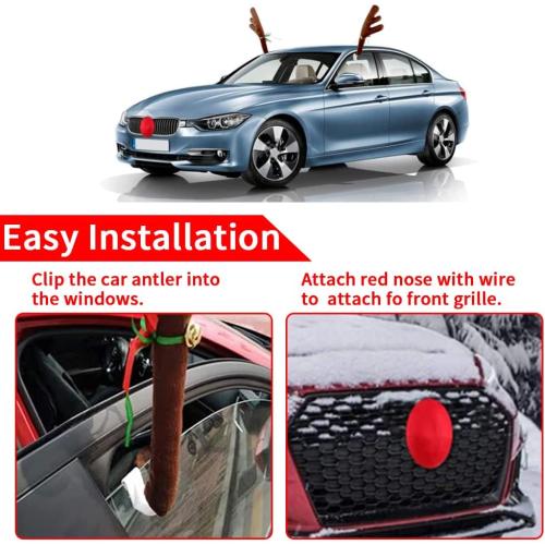 Christmas Car Decoration Plush Rudolf Reindeer Car Antler and Red Nose Set with Jingle Bells, Reindeer Antlers for Cars