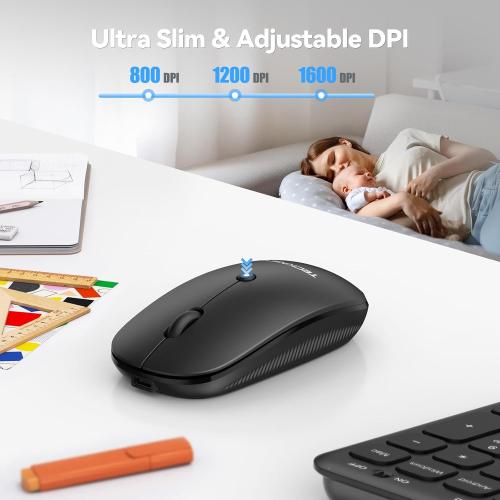 TECKNET Wireless Bluetooth Keyboard and Mouse Combo(2.4G USB   Dual BT), Rechargeable Keyboard Mouse Set, Full Size Quiet Slim Keyboards and Mice for Laptop, PC, iPad, Desktop, Black