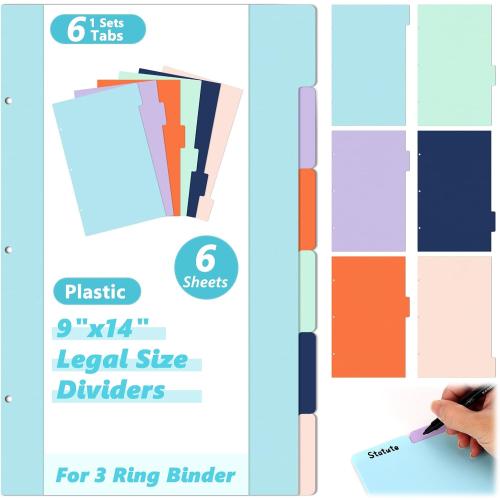 6 Sheets Platsic Legal Size 3 Ring Binder Dividers 9x14 Inch Legal Size Binder Divider Plastic Legal Tabbed Dividers Legal Index Dividers with 2 Cards Colorful File Separators for Office