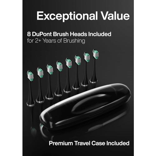 Aquasonic Black Series Ultra Whitening Toothbrush – ADA Accepted Electric Toothbrush- 8 Brush Heads & Travel Case – 40,000 VPM Electric Motor & Wireless Charging - 4 Modes w Smart Timer