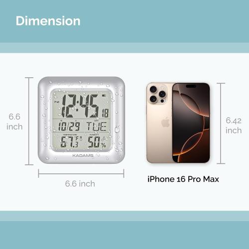 KADAMS Bathroom Clock 9.5 Kitchen Wall Clock with Large LCD Screen – Shower Clock with Suction Cup,Temperature, Humidity, Calendar – Water-Resistant, 4 Mounting Options, Silver