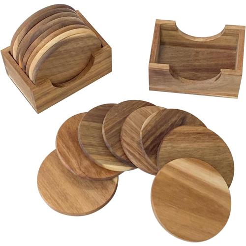 Acacia Wood Drink Coasters with Holder, Two Sets of 8 Pieces Coasters 3.72 Inch Round Wood Coasters for Cup,Dad Gifts,Tabletop Protection