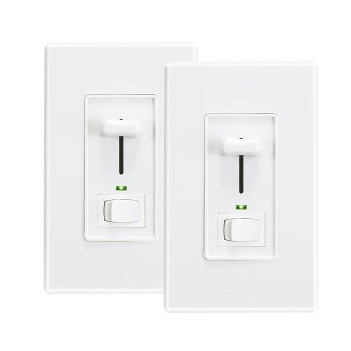 Cloudy Bay in Wall Dimmer Switch with Green Indicator,for LED Light/CFL/Incandescent,3-Way Single Pole Dimmable Slide,600 Watt max,Cover Plate Included,White,2 Pack