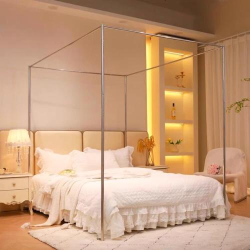 Silver Mengersi Canopy Bed Frame Post Queen Size,Stainless Steel Canopy Frame Poles Four Corner Bed Bracket Fit for Metal/Wood Bed Bedroom Decor
