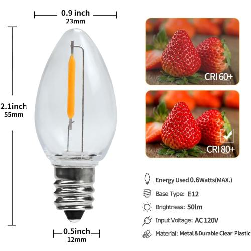 25 Pack LED Night Light Bulbs, C7 Shatterproof Replacement Led Light Bulb for String Light, E12 Base Salt Lamp Bulbs, 0.6W Equivalent to 7W, Warm White 2200K, 50LM