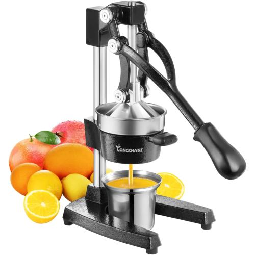 Cast Iron Juicer with Stainless Steel Cup, for Orange, Lemon, Lime, Citrus, Grapefruit & Pomegranate, Heavy Duty Manual Juicer, Hand Press Juicer, Easy to Clean, Black