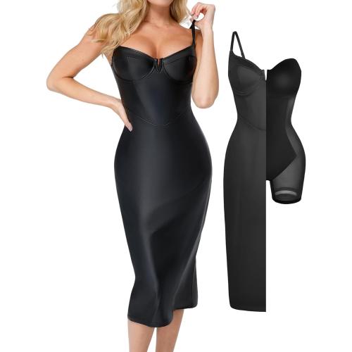 Size M Popilush Corset Shapewear Dress Faux Leather Club Midi Dress V Neck Night Out Bodycon Dresses for Women