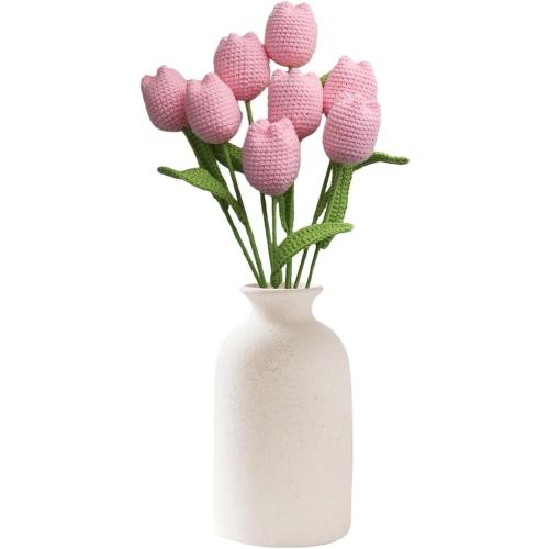 Emivery Crochet Flower Bouquet, 7pcs Knitted Artificial Tulip Flowers Bouquet Pink Handmade Crocheted Finished Fake Flower Tulip for Valentine's Mother's Teacher's Day Gift