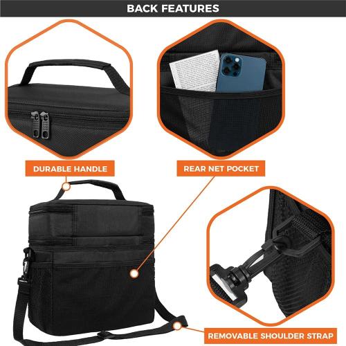 opux Insulated 2 Deck Lunch Bag for Men Women, Large Dual Compartment Cooler Bag for Work School Picnic, Leakproof with Strap for Kid Adult (Black)