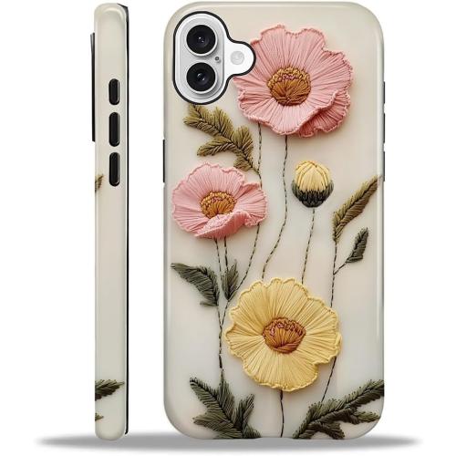 Case for iPhone 16 Case,Faux Embroidery Boho Floral Design - Hybrid Dual Protection Silicone   Hard PC Shockproof Full Body Cover Slim Anti-Scratch Protective Case for Men Women