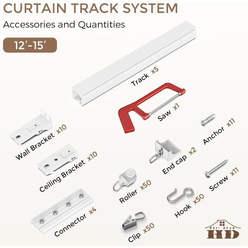Ceiling Curtain Track White 12-15 ft Heavy Duty Ceiling/Wall Mount Rail | Includes 50 quiet-glide rollers, 50 hooks and 50 clips. Supports up to 50 lbs for room dividers, bathrooms and hospitals