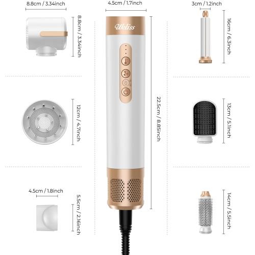 UKLISS Hair Dryer Brush 7 in 1，110000 RPM Hair Dryer with Diffuser for Curly & Twisted Hair Professional Ionic Brush Blow Dryer for Salon-Quality Styling, White Gold