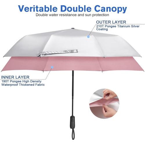 G4Free UPF 50  UV Protection Large Travel Umbrella 46 Inch Double Layer Auto Open Close Windproof Sun Blocking Umbrella