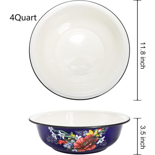 Lawei Set of 2 Enamel Bowl, 4 Quart Large Enamel Salad Serving Mixing Bowl with Black Rim, Vintage Enamelware Plate Dish for Fruit Salad Pasta Soup Dinner, Round Dough Making Bowl Washing Basin, 12in