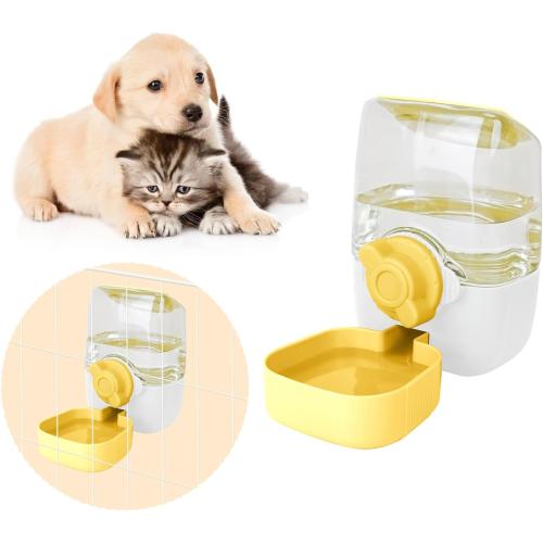 Automatic Replenish Pet Waterer, 1L Capacity Auto Siphon Gravity Cage Hanging Water Dispenser Set for Dog and Cat Small Animals, Removable Pet Water Bottle Water Container (Waterer, Yellow&White)