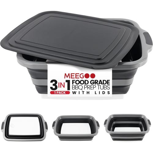 BBQ Prep Tub,30L Collapsible Cutting Board with Lid for Grilling, Black | Portable Wash Basin, Odor-Control Storage, Table-Saving Prep Area, For Grill Stations, Parks, RV Trips, Picnic Crew Meals