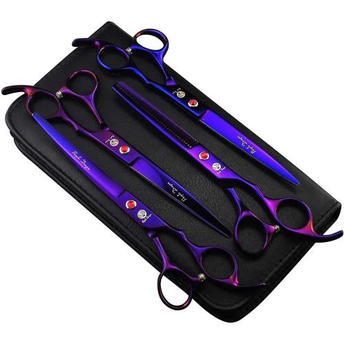 Purple Dragon Professional 7.0 inch 4PCS Pet Grooming Scissors Kit Japan Premium Steel Straight & Curved & Thinning Blade Dog Hair Cutting Shears Set with Case