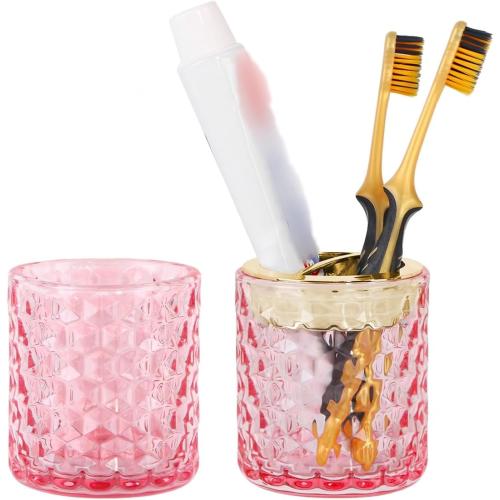 2pcs Color  Pink Toothbrush Holders for Bathrooms, Glass Toothbrush Holder and Bathroom Tumbler Cup Set, Gold Bathroom Tooth Brush Cup Organizer for Brushes,Toothpaste and Razor