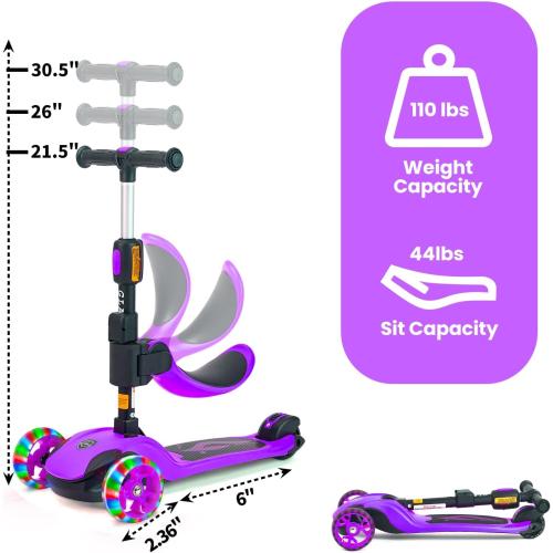 GLAMUP Kids Scooter, 2-in-1 Folding Kick Scooters, Adjustable Height, Safety Lock, 3 Wheel Kick Scooter for Boys and Girls Ages 3-14