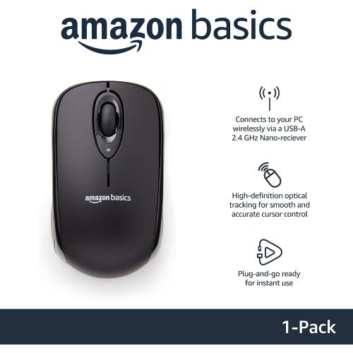 Amazon Basics 2.4 GHz Wireless Optical Computer Mouse with USB Nano Receiver, Portable, No Wires, Smooth Tracking, Multi-Device Compatibility, Black