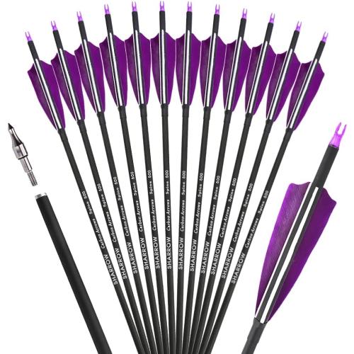 30 Inch Archery Carbon Arrows Hunting Arrows with 4” Turkey Feather Target Practice Arrows Spine 500 for Compound & Recurve &Traditional Bow 6/12pcs