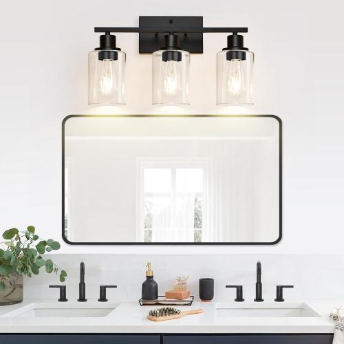 Black 3 Light Bathroom Light Fixtures, Matte Black Modern Vanity Lights with Clear Glass Shade, Bathroom Wall Lamp for Mirror Kitchen Living Room Hallway Cabinet Porch