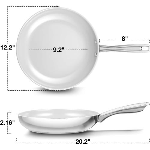 KOCH SYSTEME CS Stainless Steel Pan with Lid, Premium 12 Stainless Steel Skillets with Nonstick White Ceramic Coating, Nonstick Frying Pan with Lid, Induction Compatible, 12 Inch