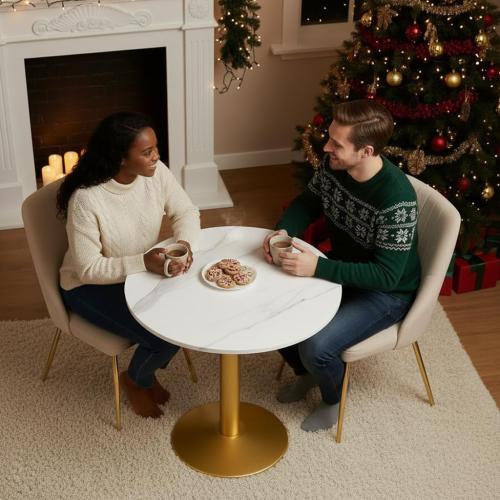 Round Modern Dinning Table 30 inches Bistro Tulip Table with White Faux Marble top Gold Sturdy Metal Frame,Easy Assemble,Diameter 30in*H28.54in