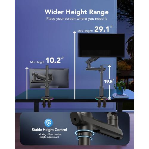 HUANUO RGB Heavy Duty Monitor Arm for Ultrawide Screens up to 57, Holds 44 lbs, Tall Ultrawide Monitor Stand with 29.1 Max Height, Fully Adjustable Single Computer Desk Mount, Max VESA 100x100mm