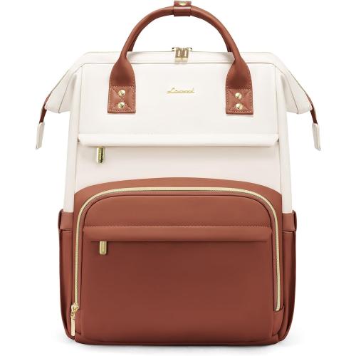 LOVEVOOK Leather Backpack for Women,17 inch Leather Laptop Backpack Women,Professional Work Backpack Nurse College Teacher Bag,Womens Laptop Tote Bag Computer Travel Backpack Purse,Beige White-Brown