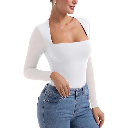 Size S PINKMSTYLE Womens Mesh Square Neck Long Sleeve Bodysuit Going Out Tops Date Night Outfit 2025