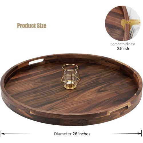 26 Inches Extra Large Round Black Walnut Wood Ottoman Tray with Handles, Serve Tea, Coffee, Classic Circular Wooden Decorative Serving Tray
