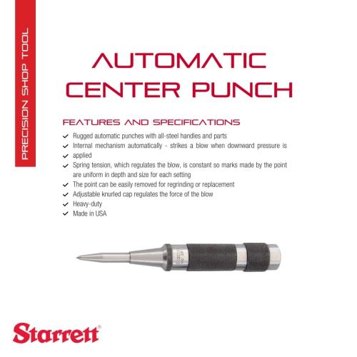 Starrett Steel Automatic Center Punch with Adjustable Stroke - 5-1/4 Length, 11/16 Punch Diameter, Lightweight, Knurled Steel Handle - 18C