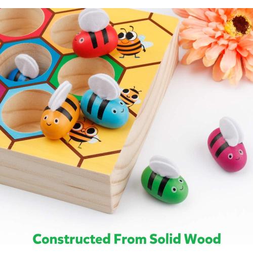 Coogam Toddler Fine Motor Skill Toy, Clamp Bee to Hive Matching Game, Montessori Wooden Color Sorting Puzzle, Early Learning Preschool Educational Gift Toy for 3 4 5 Years Old Kids