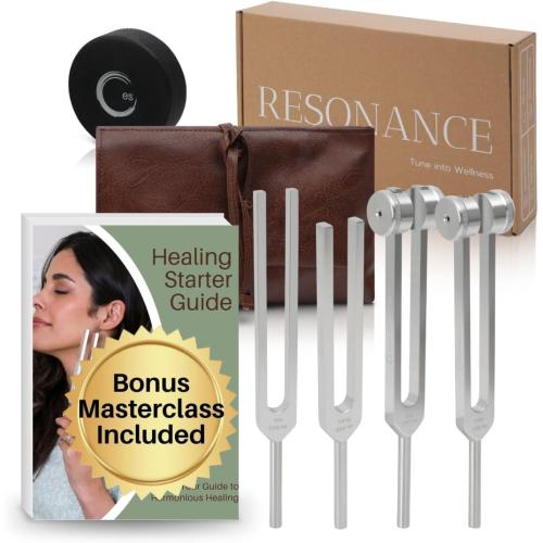 Resonance Tuning Forks for Healing Set - 128Hz, 136.1Hz, 256Hz, 384Hz Weighted & Unweighted Tuning Fork Set Includes Hockey Puck Activator - Chakra Sound Therapy Instruments in a Vegan Leather Pouch