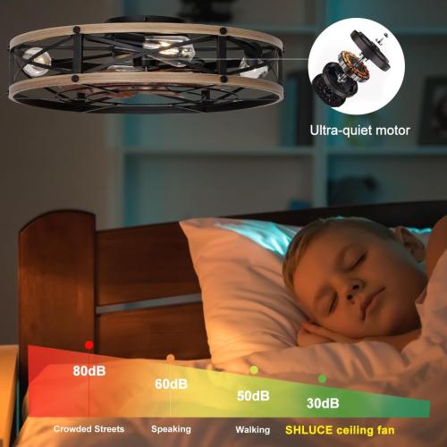 SHLUCE 24 Flush Mount Farmhouse Ceiling Fan with Light, Modern Caged Bladeless Ceiling Fans with Lights and Remote, Large Rustic Low Profile Ceiling Fan with Light for Bedroom, Living Room - ETL