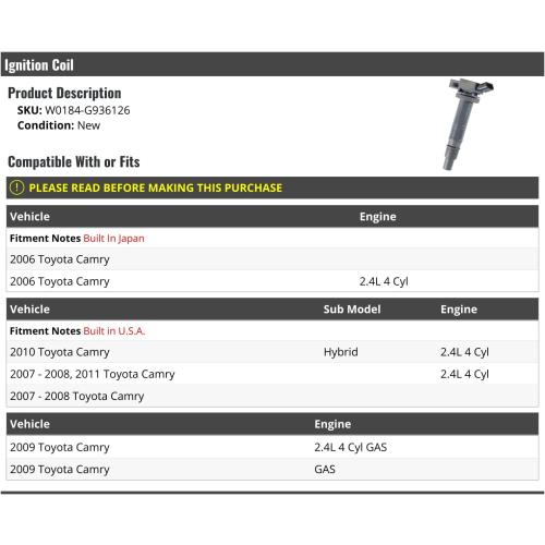 Ignition Coil - Compatible with 2006-2011 Toyota Camry Hybrid