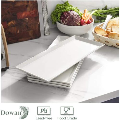 DOWAN 14.5 Rectangular Plates Set of 4 - Long Serving Trays for Sushi, Pasta, Chips, Appetizer, Cake - White Ceramic Rectangle Platter for Party, Restaurant, Banquet - Dishwasher & Oven Safe