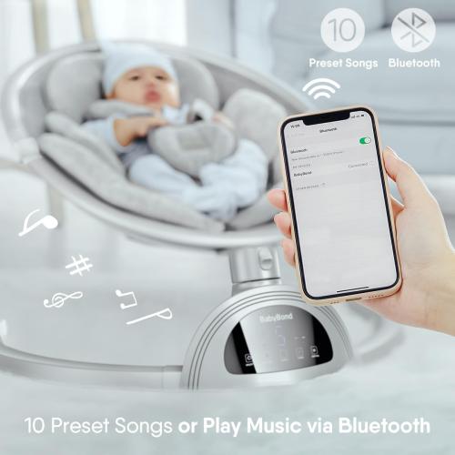 BabyBond Baby Swings for Infants, Bluetooth Infant Swing , 3 Seat Positions, 5 Point Harness Belt, 5 Speeds and Remote Control - Portable Baby Swing for Indoor and Outdoor (Silver)