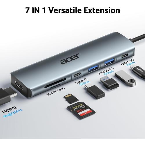 Acer USB C Hub, 7 in 1 Multi-Port Adapter for Laptop, 4K, HDMI Splitter with 2 USB A 3.1 & Type-C to HDMI Data Port, PD 100W Charging, SD Card Reader for Computer, Desktop, Space Grey
