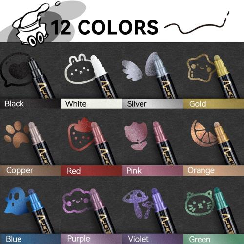 TRANSON 12Colors Metallic Paint Markers Bold and Fine Dual-tip for Rock Wood Ceramic Canvas DIY Painting Drawing