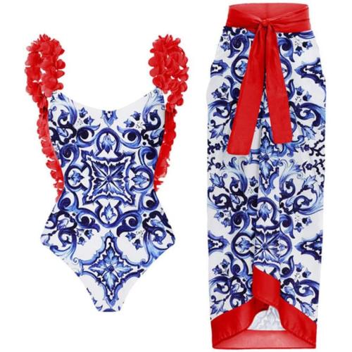 Size large Color White and Blue red Sunfere Womens One Piece Swimwear Printed Chiffon Cover Up Beach Sarong Swimsuit Wrap Maxi Skirt Bathing Suit Beachwear