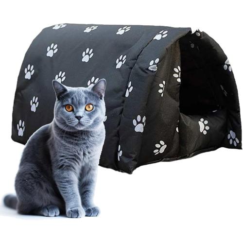 Cat Houses for Outdoor Cats, Thickened Outdoor Cat House Weatherproof, Foldable Stray Cat Shelter, Anti-Slip Kitten Cave for Feral Cat Dog Puppy (Black, L:21.7×16×14.5)