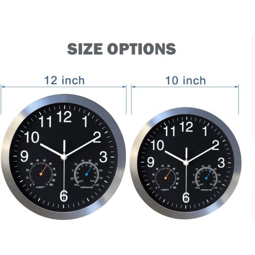 Non Ticking Silent Wall Clock, 10 Inch, Black, Quartz Analog, Battery Operated, with Thermometer and Hygrometer, Easy Installation