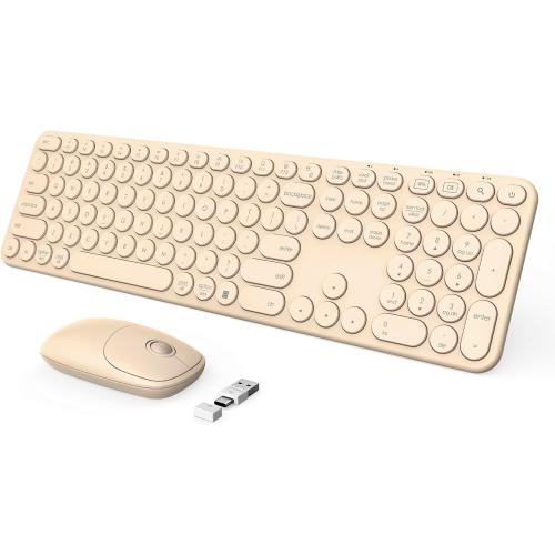 Color beige seenda Wireless Keyboard and Mouse, USB & Type C 2-in-1 Receiver, SK73-3 Full Size Brown Wireless Keyboard Mouse Combo, Compatible for Windows, MacBook Pro/Air, Laptop, Desktop, PC - Khaki