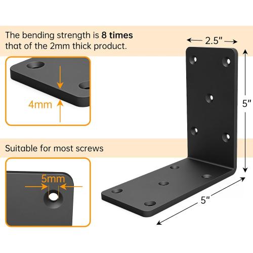 5x5x2.5“ Heavy Duty Angle Bracket， (8PCS) L Bracket for Shelves Fence Pergola Post Wood，90 Degree Corner Brace for Floating Shelf Countertop Support