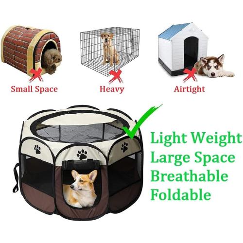 Foldable Pet Playpen, Portable Octagon Puppy Playpen Indoor/Outdoor, Exercise Kennel Dog/Cat/Rabbit Tent   Free Carrying Case   Travel Bowl (Blue Black, L)