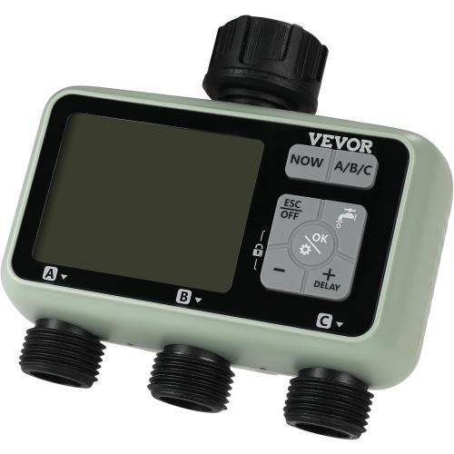 VEVOR Water Timer, 3 Outlets, Hose Watering Sprinkler Timer, with 3 Independent Watering Zone LCD Display Rain Delay Mode Manual Mode 360° Brass Inlet Metal Filter, IPX6 Waterproof for Yard Watering