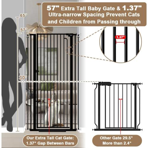 57 Extra Tall Pet Gate for Cats Dogs-43.4-48 Extra Wide Cat Gate for Doorways and Stairs-1.37 Ultra Narrow Spacing Pressure Mounted Dog Gate with One-Handed Operation(43.4-48)