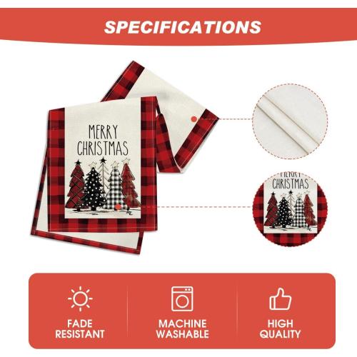 Artoid Mode Watercolor Red and Black Buffalo Plaid Christmas Trees Merry Xmas Table Runner, Seasonal Winter Holiday Kitchen Dining Table Decoration for Indoor Outdoor Home Party Decor 13 x 72 Inch